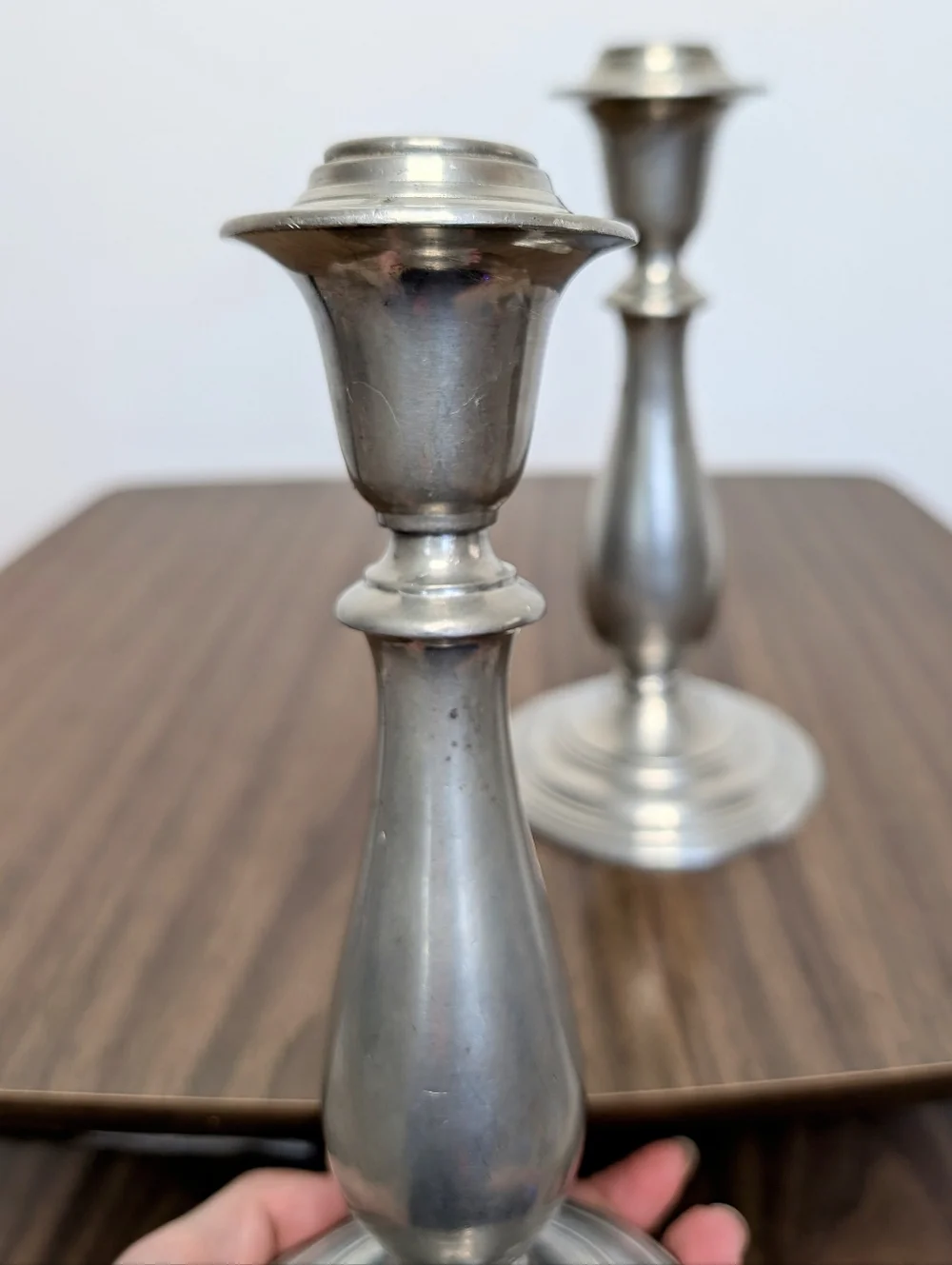 Pair Of Vintage Spindle Silver Tone Mayflower Pewter Tall Candlestick Holders